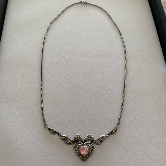TH A Jewelry - Vintage 925 Sterling Silver Antique Style Heart Pink Gem Marcasite Necklace 18”
